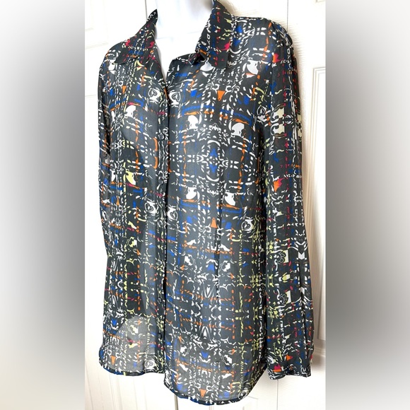 CAbi #129 Festival Blouse Shirt Top Semi Sheer Button Down Gray Geo Geometric - Picture 3 of 9